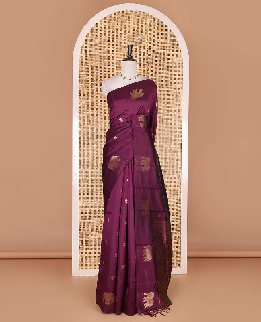 Borderless wine floral and elephant buttas zari woven kanchi silk saree, intricate pallu, and matching zari design blouse