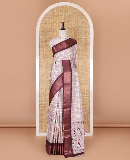 Cream and wine Madhubani village theme characters printed soft tussar saree, contrast traditional zari border, Madhubani printed pallu, and a matching blouse