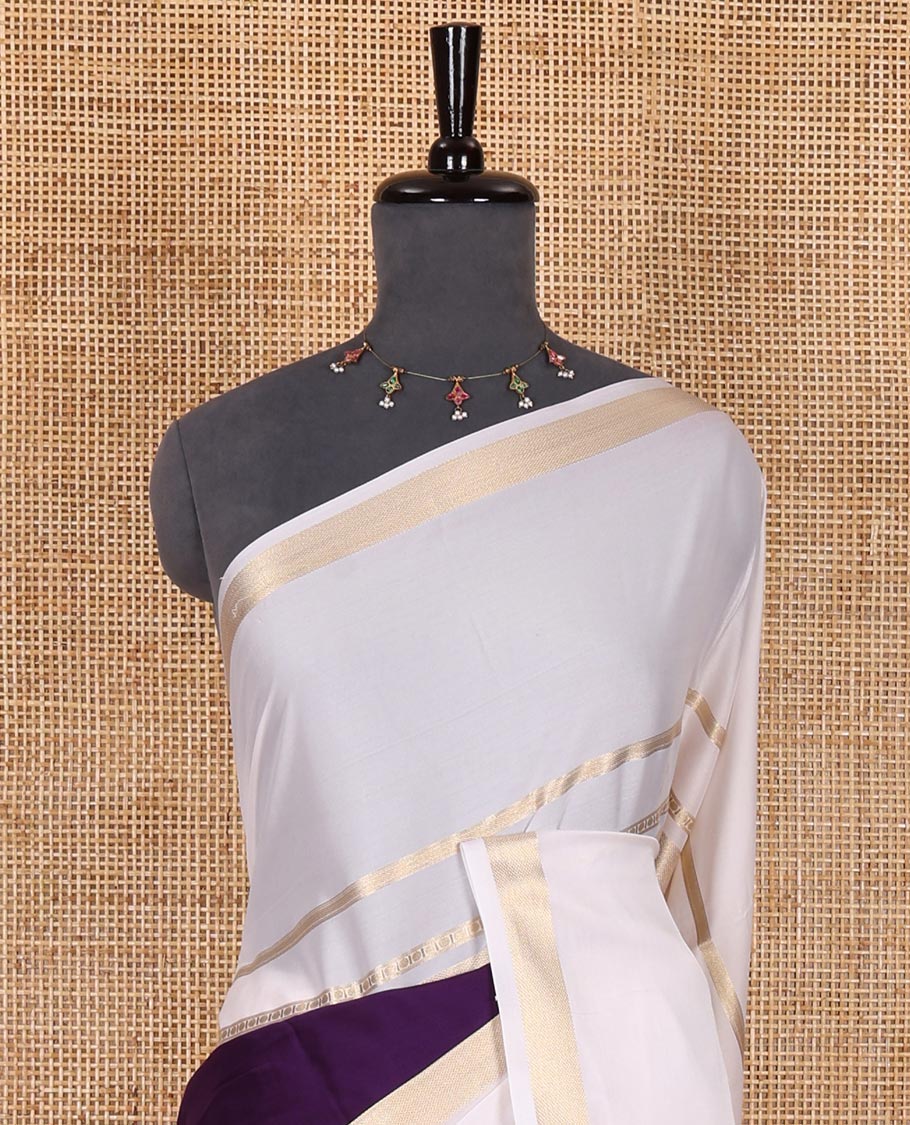 Dark violet plain Art Mysore silk saree, contrast traditional zari big border, zari striped pallu, and a matching zari design blouse