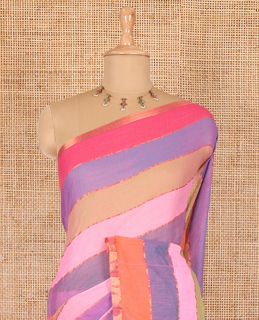 Rani rainbow-style striped Khadi mul cotton saree with piping zari border, and a matching zari striped blouse
