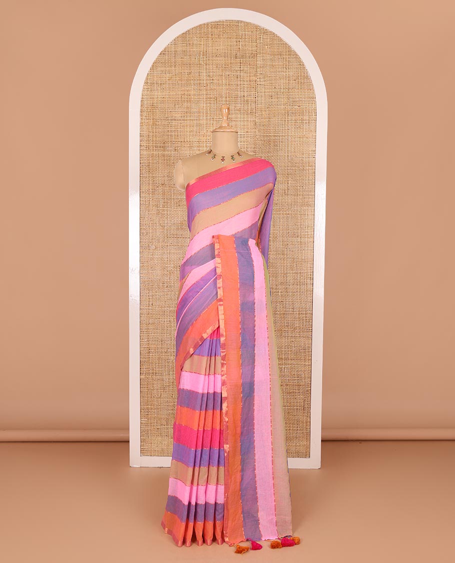 Rani rainbow-style striped Khadi mul cotton saree with piping zari border, and a matching zari striped blouse