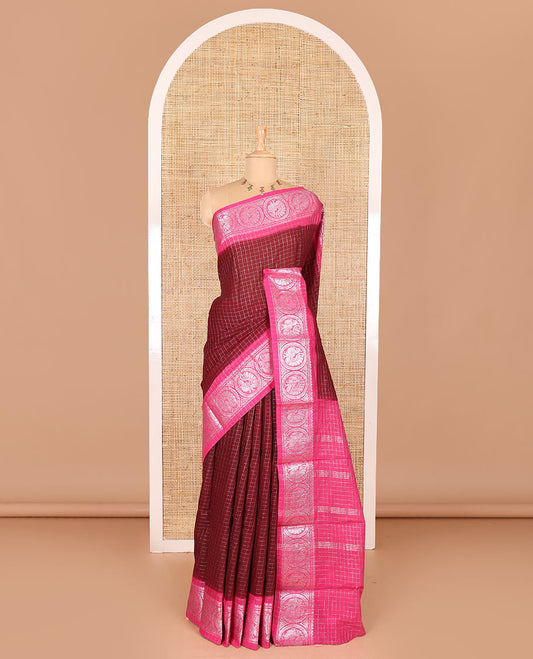 Maroon and pink checked sungudi cotton saree, contrast silver zari round peacock border, striped pallu, and a contrast checked blouse