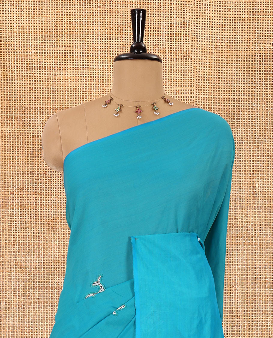 Borderless rama motifs patch embroidered South cotton saree with a plain blouse and a contrast printed blouse