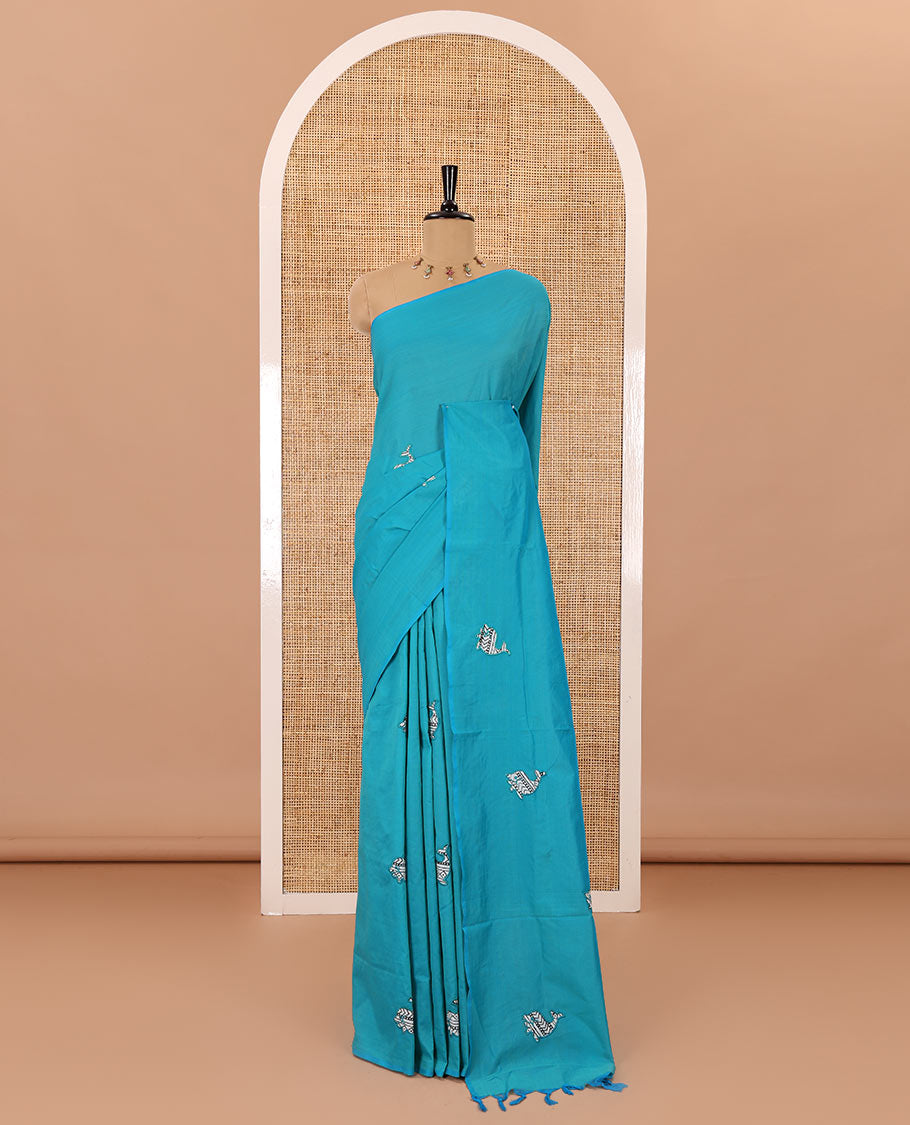 Borderless rama motifs patch embroidered South cotton saree with a plain blouse and a contrast printed blouse