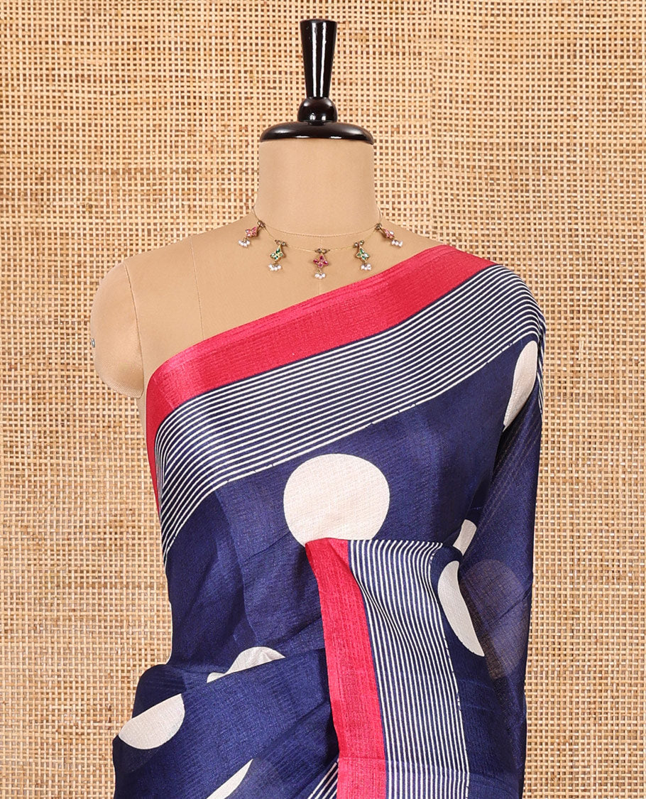Blue polka dots printed art khadi cotton saree, contrast striped border, striped pallu, and a contrast striped blouse