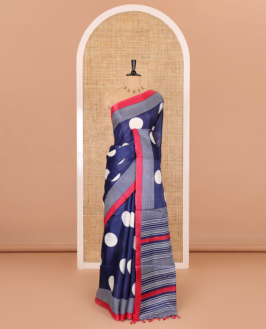 Blue polka dots printed art khadi cotton saree, contrast striped border, striped pallu, and a contrast striped blouse
