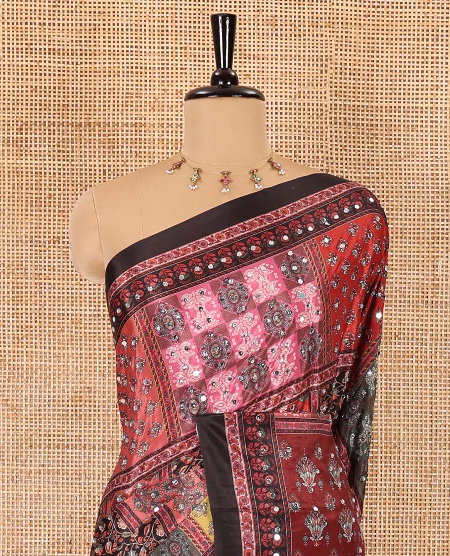Black geometric printed with mirror work masakali saree, self-border, printed and mirror work pallu, and a matching blouse
