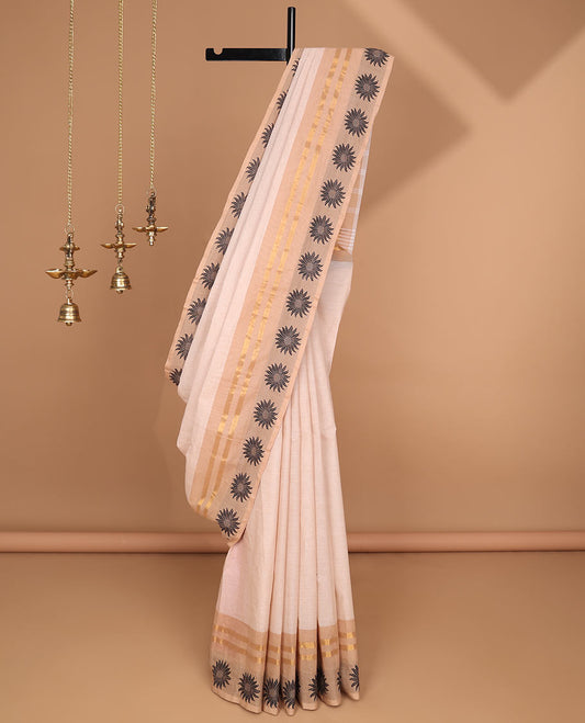 White chettinad cotton saree with sunflower border & jaipur print blouse