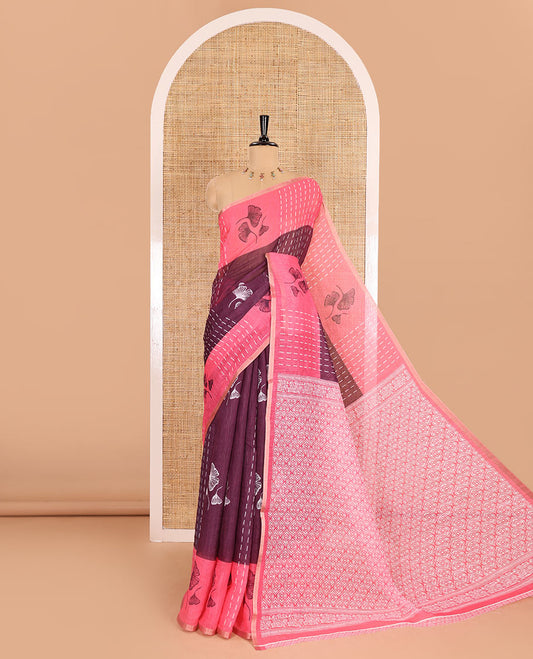 Purple vertical striped and floral buttas linen cotton saree, contrast striped and floral printed border, jaal pallu, and a contrast printed blouse