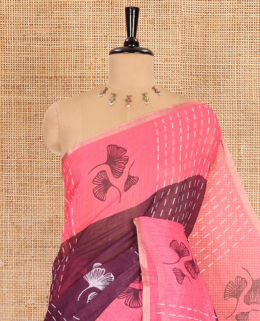 Purple vertical striped and floral buttas linen cotton saree, contrast striped and floral printed border, jaal pallu, and a contrast printed blouse