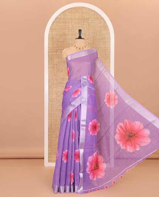 Lavender daisy floral printed linen cotton saree, silver zari bavanji border, daisy floral printed pallu, and a printed blouse