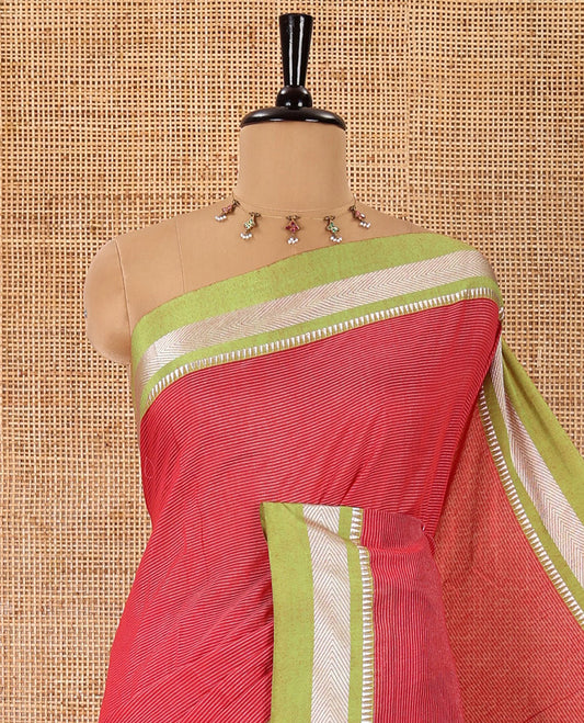 Red horizontal striped mercerised cotton saree, contrast thread woven temple border, striped pallu, and a matching blouse