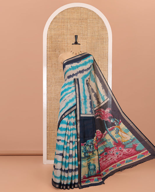 Navy blue shibori printed muslin cotton saree, contrast zari border, village theme printed pallu, and a contrast dots printed blouse