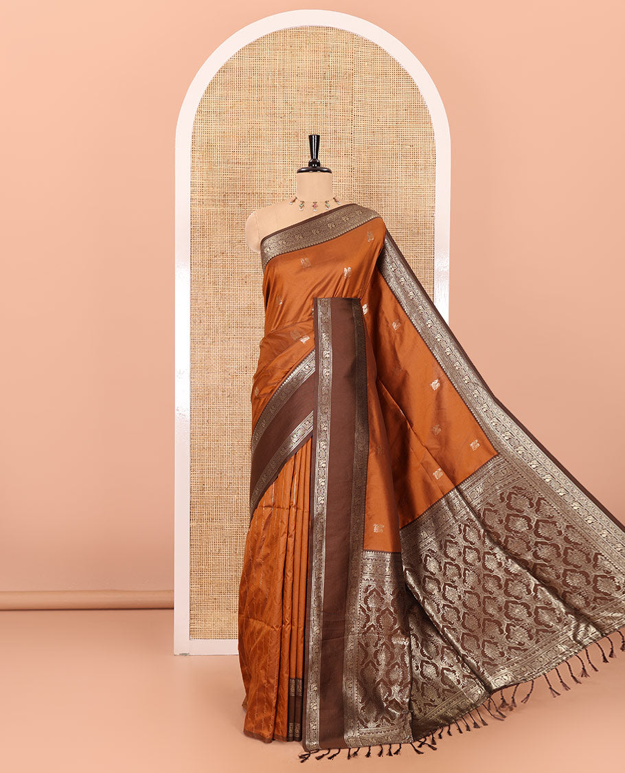 Rust orange peacock zari buttas kanchi soft-silk saree, contrast traditional zari design rettai pettu border, zari-rich intricate pallu, and a contrast zari design blouse