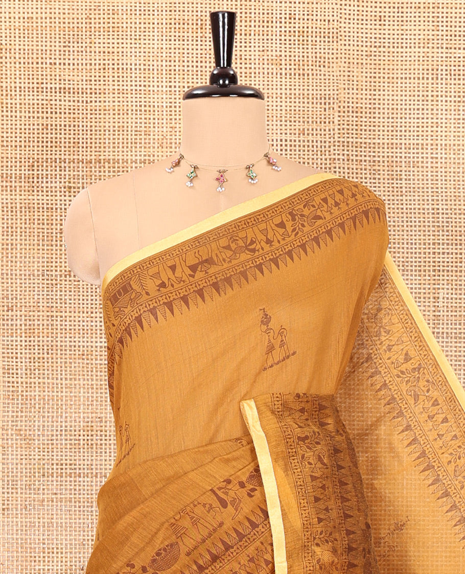 Mustard Warli-village printed khadi cotton saree, printed border, and contrast warli motifs printed pallu, and contrast plain blouse