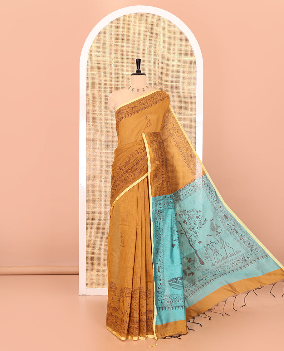 Mustard Warli-village printed khadi cotton saree, printed border, and contrast warli motifs printed pallu, and contrast plain blouse