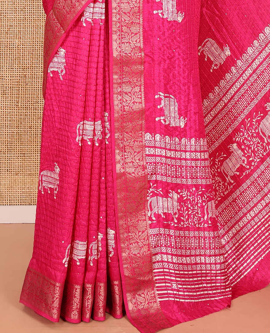 Pink Dola Silk Saree Featuring Sequin Stripes and Pichwai Cow Motifs, Decorated with a Floral Creeper Zari-Woven Border, a Printed Pallu, Paired with a Matching Blouse
