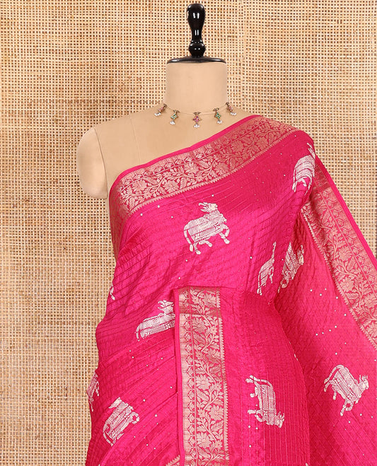 Pink Dola Silk Saree Featuring Sequin Stripes and Pichwai Cow Motifs, Decorated with a Floral Creeper Zari-Woven Border, a Printed Pallu, Paired with a Matching Blouse