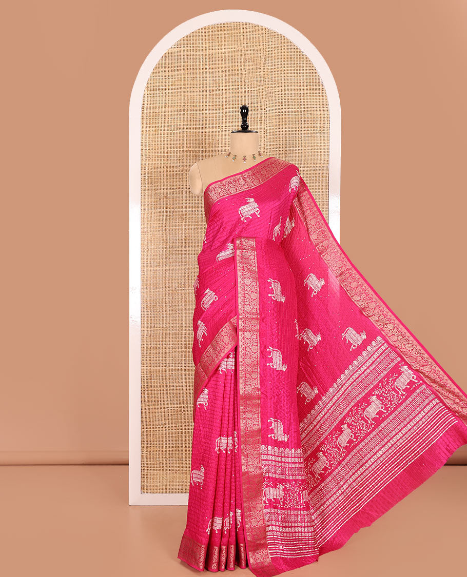 Pink Dola Silk Saree Featuring Sequin Stripes and Pichwai Cow Motifs, Decorated with a Floral Creeper Zari-Woven Border, a Printed Pallu, Paired with a Matching Blouse