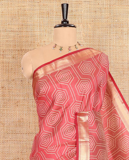 Maroon Semi-Tussar Saree Subtly Sparked with Hexagonal Geometric Patterns Printed All Over Its Body, Featuring Traditional Zari Design Border, Gleaming Zari Striped Pallu, and a Matching Blouse