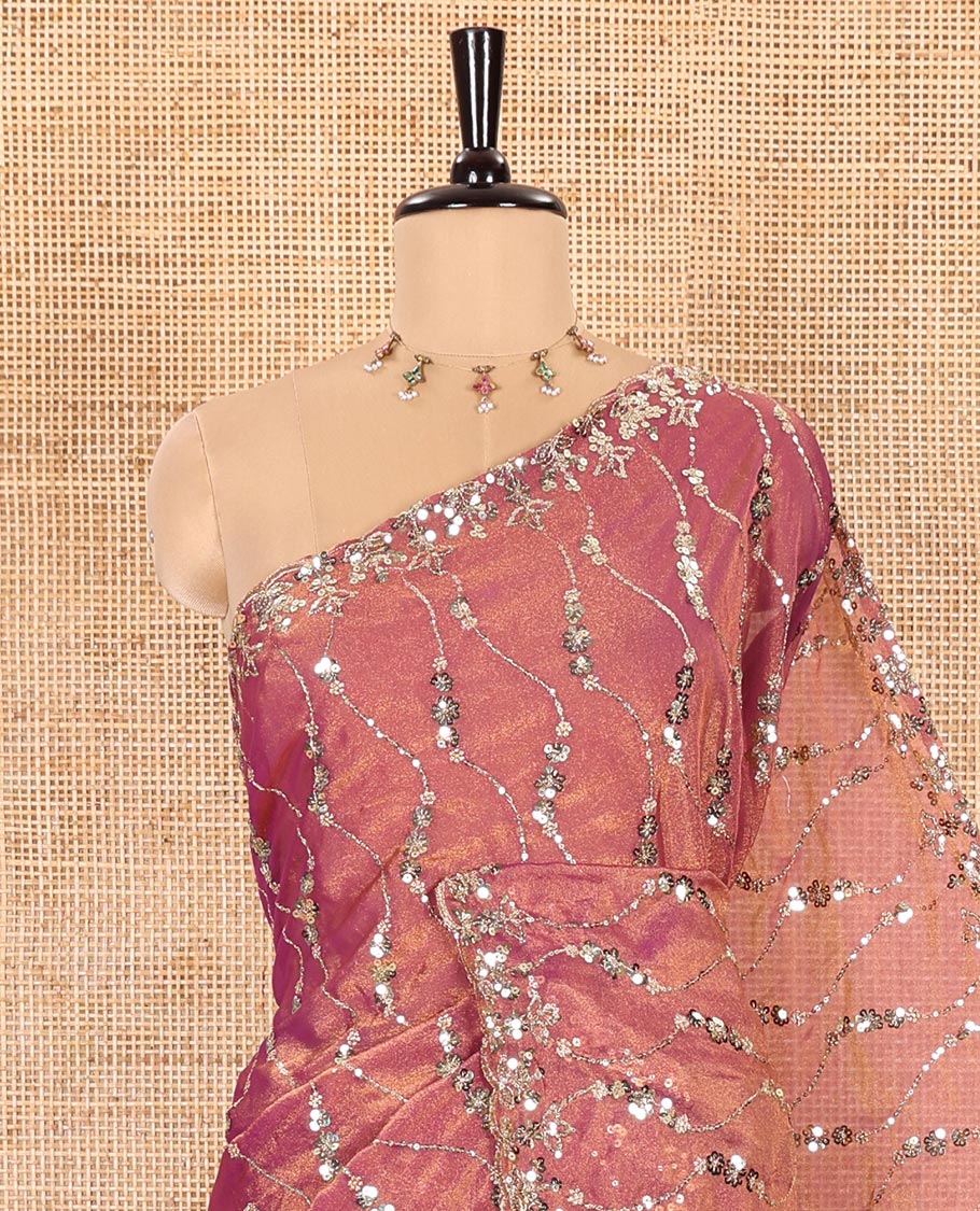 Pink Shimmer Chiffon Saree Elegantly Decked up with Sequins and Thread-Woven Ogee Patterns All Over the Body, Featuring a Scalloped Sequins Work Border, and Paired with a Matching Blouse Embellished with Sequins Work