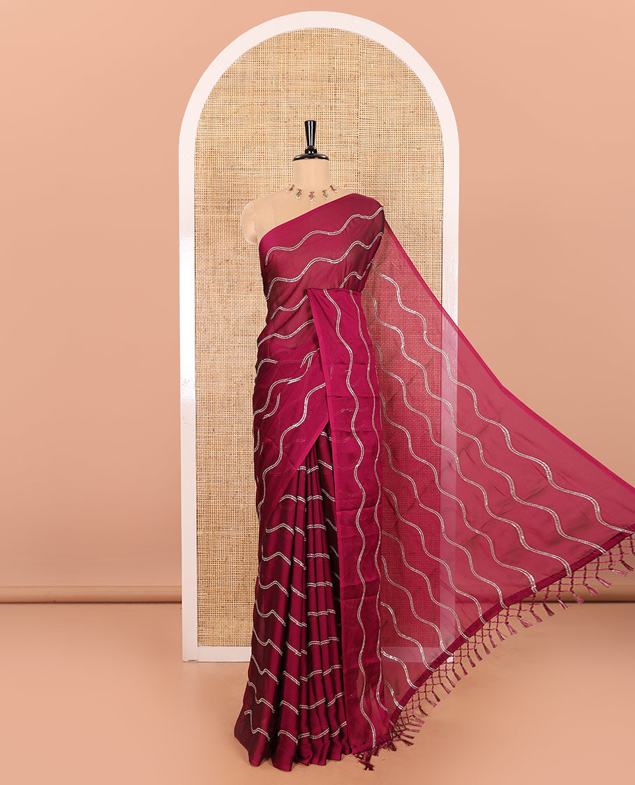 Borderless Purple Rangoli Chiffon Saree Featuring Sequins-Embroidered Zig-Zag Stripes Woven Across Its Body and Pallu, Comes Without a Blouse