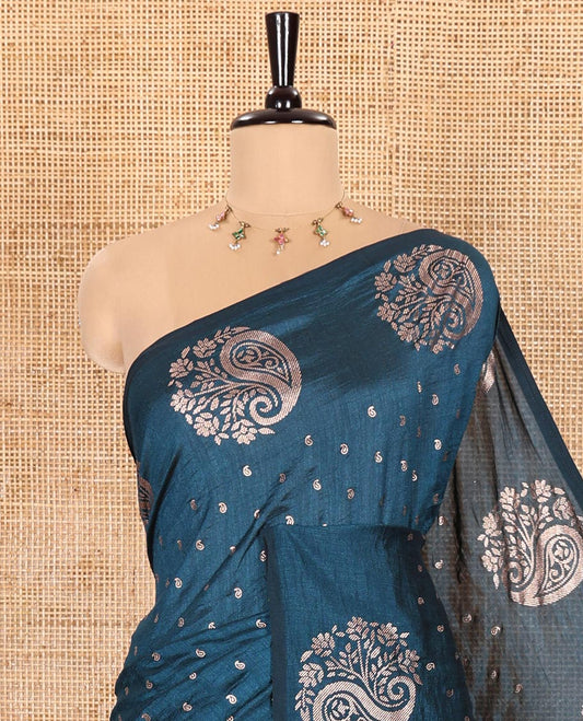 Peacock Blue Vichitra Silk Saree Adorned with Small Paisley Buttas All Over Its Body, Complemented by a Contrast Border of Floral-Paisley Designs, Self Pallu, and Comes Without a Blouse