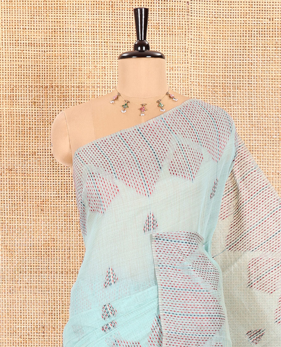 Rama Munga Cotton Subtly Sparkled with Geometric Patterns in Thread Kantha Embroidery, Complemented with a Diamond-Patterned Kantha Embroidery Border, and Paired with a Matching Blouse