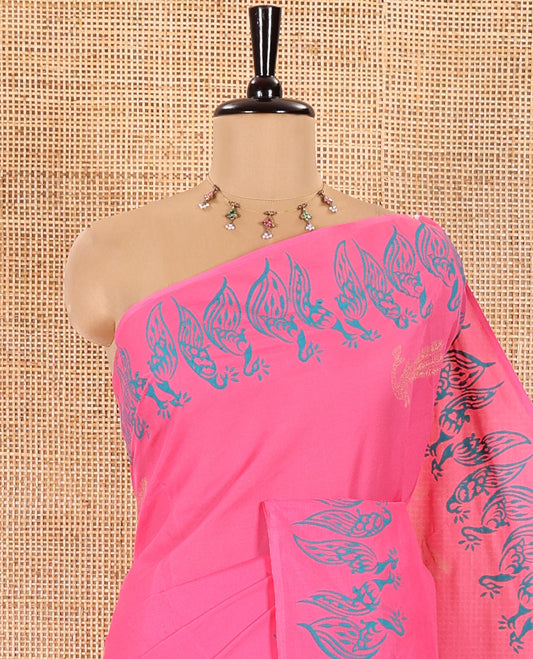 Pink South Cotton Saree Subtly Block Printed with Peacock Motifs, Complemented with a Self-Border of Bold Peacock Motifs Block Print, and a Contrast Paisley-Floral Block Printed Blouse