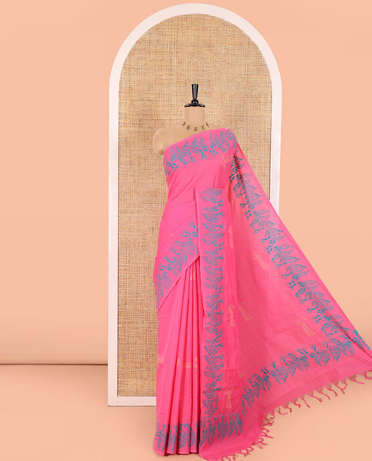 Pink South Cotton Saree Subtly Block Printed with Peacock Motifs, Complemented with a Self-Border of Bold Peacock Motifs Block Print, and a Contrast Paisley-Floral Block Printed Blouse