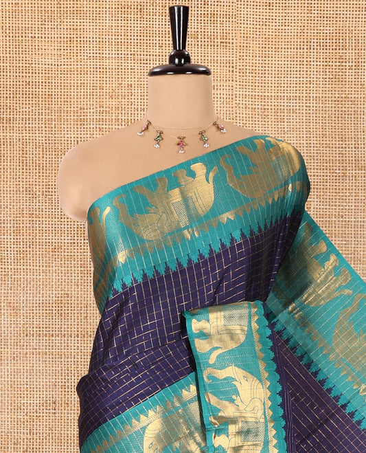 Blue Semi-Taffeta Saree, Elevated with Medium-Zari Checks All Over Its Body, Complemented by Contrast Temple Border Featuring Elephant Motifs, Contrast Checked Pallu, and Paired with a Matching Blouse