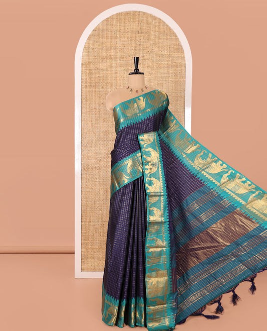 Blue Semi-Taffeta Saree, Elevated with Medium-Zari Checks All Over Its Body, Complemented by Contrast Temple Border Featuring Elephant Motifs, Contrast Checked Pallu, and Paired with a Matching Blouse