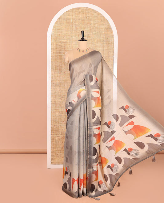 Borderless Silver Grey Tissue Cotton Saree, Uniquely Printed with Fancy Geometric Motifs, Pallu Mirrors the Same Print, and Paired with a Matching Blouse