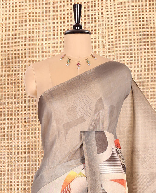 Borderless Silver Grey Tissue Cotton Saree, Uniquely Printed with Fancy Geometric Motifs, Pallu Mirrors the Same Print, and Paired with a Matching Blouse