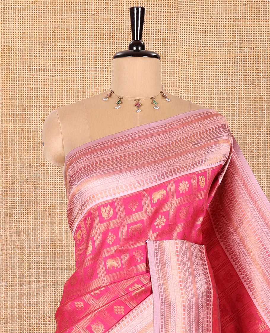 Rani Pink Kanchi Silk Saree Enriched with Butta Enclosed Checks All Over Its Body, Complemented by Contrast Traditional Zari Design Border, Gracefully Embellished Pallu, and Paired with a Contrast Brocade Blouse