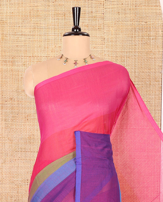 Borderless Multi-Colored Khadi Mul Cotton Saree Adorned with Rainbow-Style Stripes All Over the Saree, Subtly Sparkled Colorful Tassels, and Paired with a Matching Blouse