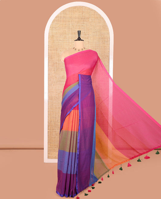 Borderless Multi-Colored Khadi Mul Cotton Saree Adorned with Rainbow-Style Stripes All Over the Saree, Subtly Sparkled Colorful Tassels, and Paired with a Matching Blouse