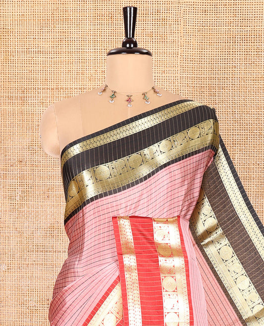 Pink Semi-Soft Silk Saree Decked Up with Micro-Checks on Its Body, Complemented by a Contrast Rettai Pettu Zari Border of Paisley, and Chakram Designs, Subtly Striped Pallu, and Paired with a Running Blouse