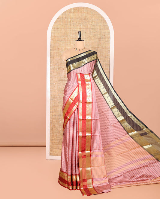 Pink Semi-Soft Silk Saree Decked Up with Micro-Checks on Its Body, Complemented by a Contrast Rettai Pettu Zari Border of Paisley, and Chakram Designs, Subtly Striped Pallu, and Paired with a Running Blouse
