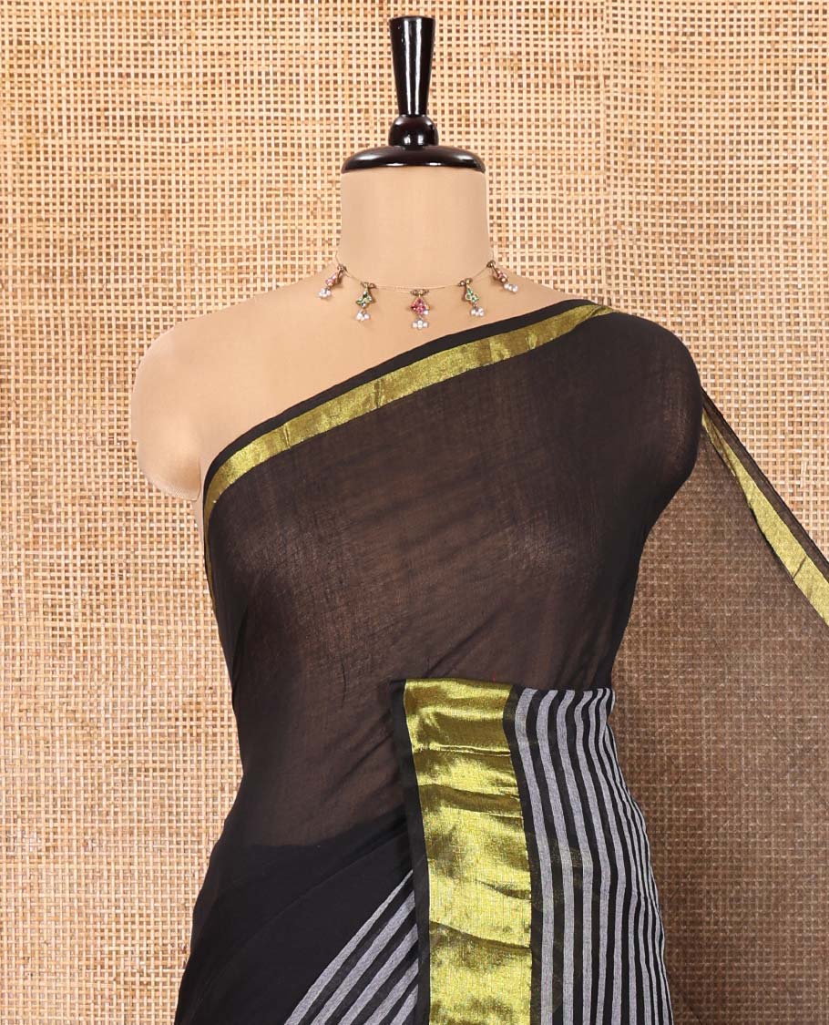 Black Plain Khadi Mul Cotton Saree, Subtly Woven Zari Border of Stripes, Plain Pallu, and Paired with a Matching Blouse