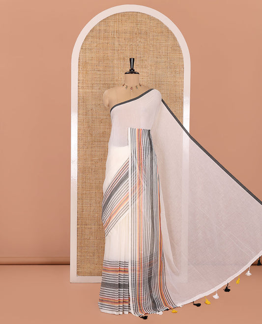 Cream Plain Khadi Mul Cotton Saree, Subtle Border Steeped with Stripes, Plain Pallu, Paired with a Matching Blouse