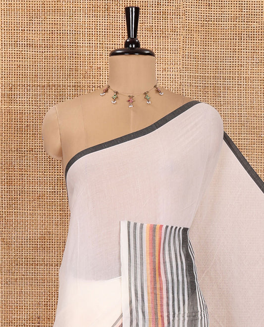 Cream Plain Khadi Mul Cotton Saree, Subtle Border Steeped with Stripes, Plain Pallu, Paired with a Matching Blouse