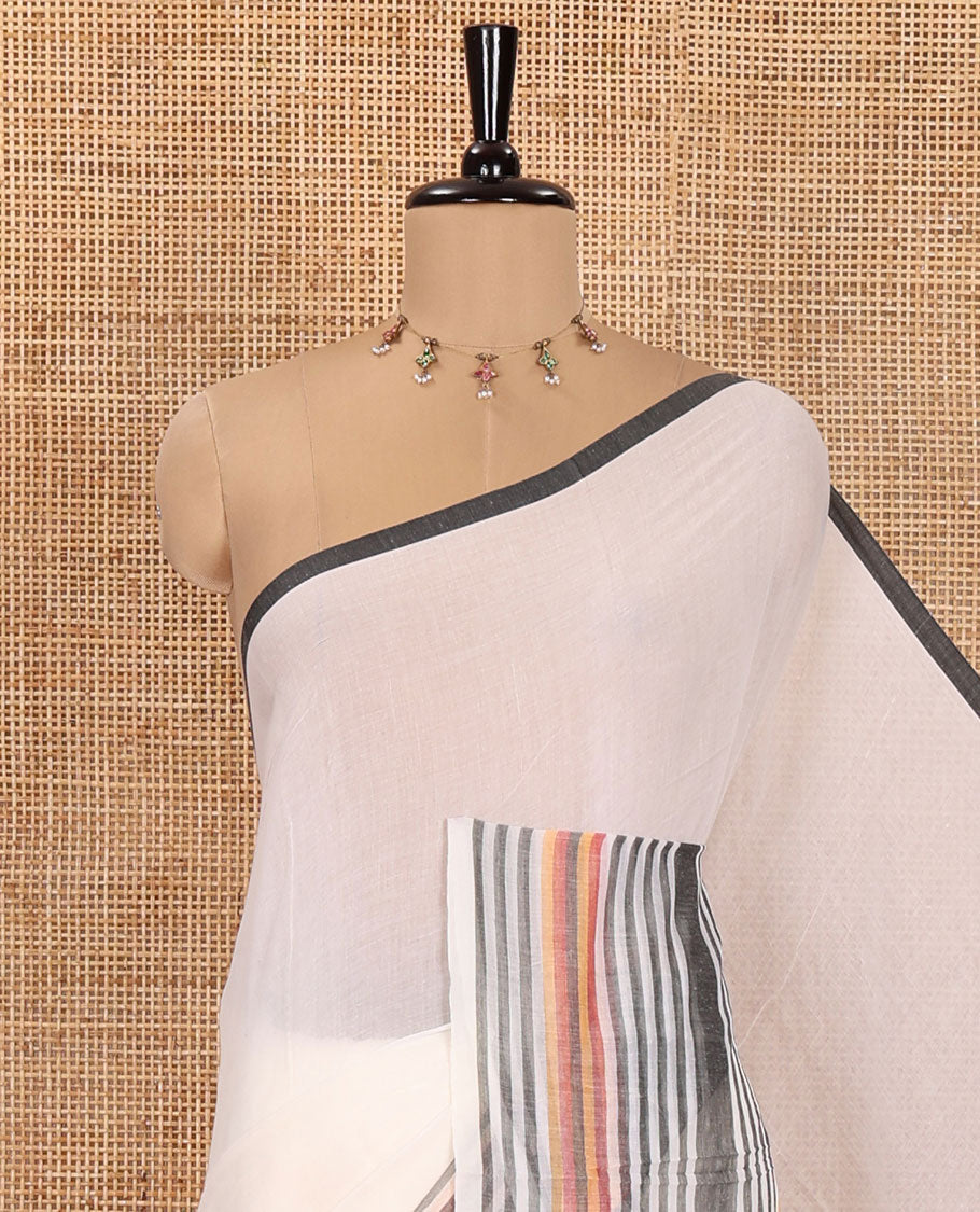 Cream Plain Khadi Mul Cotton Saree, Subtle Border Steeped with Stripes, Plain Pallu, Paired with a Matching Blouse