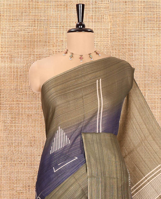 Grey and Green Tissue Saree, Elevated with Horizontal Stripes and Geometric Motifs Printed All Over Its Body, Complemented by a Contrast-Printed Border, Pallu Depicts Geometric Patterns, and Paired with a Contrast Geometric Printed Blouse