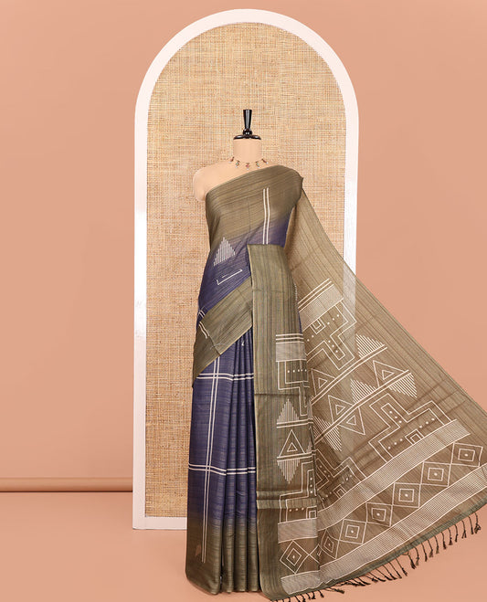 Grey and Green Tissue Saree, Elevated with Horizontal Stripes and Geometric Motifs Printed All Over Its Body, Complemented by a Contrast-Printed Border, Pallu Depicts Geometric Patterns, and Paired with a Contrast Geometric Printed Blouse