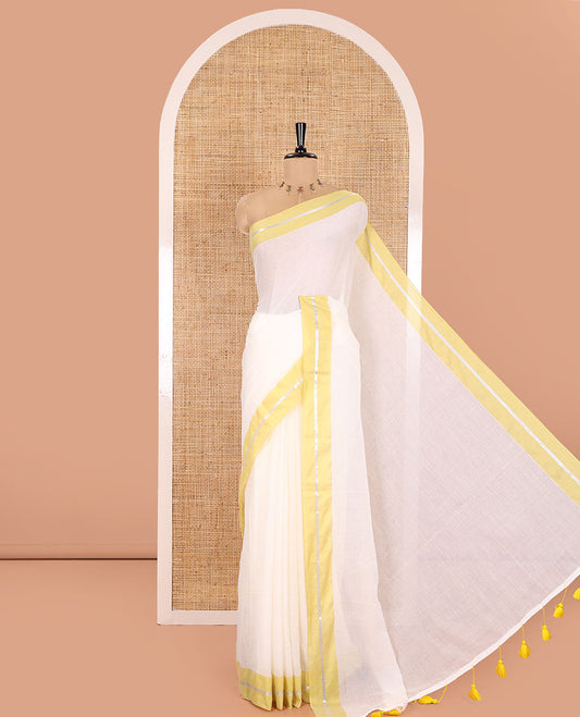 Cream and Liril Green Plain Khadi Mul Cotton Saree, Complemented by Contrast Horizontal Striped Border, Plain Pallu, and Paired with a Matching Blouse