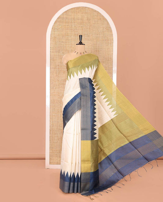 Cream Plain Semi-Jute Tussar Saree, Complemented by a Contrast Green-Blue Ganga-Jamuna Temple Border, Sparsely Striped Pallu, and Paired with a Contrast Blouse