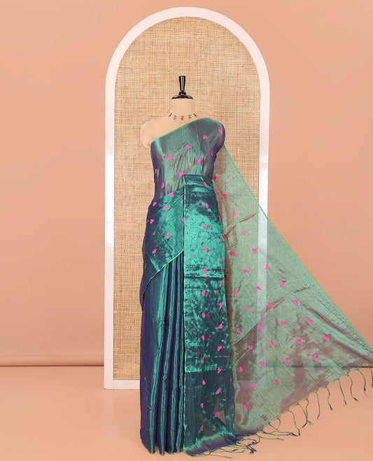 Borderless Green Tissue Mul Cotton Saree, Artfully Designed with Heart Motifs Embroidered on Its Body,  Pallu Mirrors the Same Embroidery, and Is Paired with a Matching Blouse