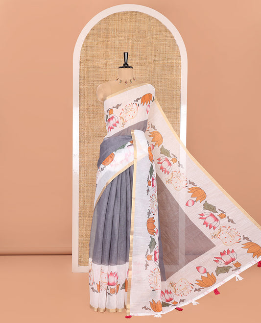 Grey Plain Linen Cotton Saree, Complemented by a Contrast Border Depicting Pichwai Cow and Lotus Motifs Print, Pallu of the Same Body Print, and Paired with a Contrast Blouse
