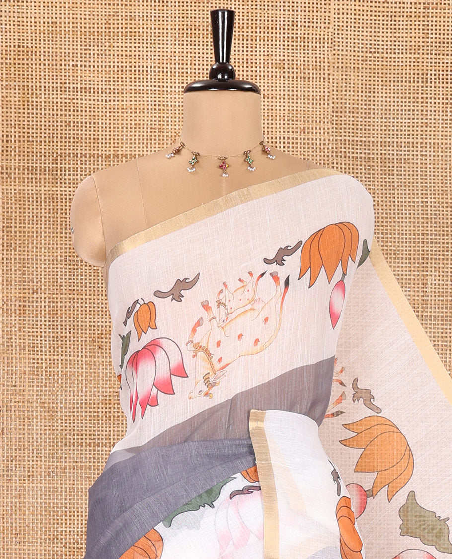 Grey Plain Linen Cotton Saree, Complemented by a Contrast Border Depicting Pichwai Cow and Lotus Motifs Print, Pallu of the Same Body Print, and Paired with a Contrast Blouse